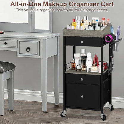 Makeup Organizer Cart with 3 Drawers, Rolling Cosmetic Storage Cart with Adjustable Dividers, Detachable Hair Tool Holder & Lockable Wheels, Vanity Organizer for Small Spaces, Black & Grey