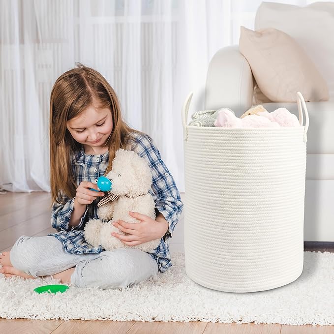 Woven Cotton Rope Laundry basket-15”X20” Laundry Hamper-Rope Storage Basket for Dirty Clothes, Toys and Blankets Perfect for Bathroom, Baby nursery and Living Room Storage (white)