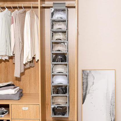 Hat Organizer Hanger, Hat Rack for Baseball Caps, Hanging Closet Organizer with 10 Pockets & Cover, Foldable Hat Storage Hanger Holder for Closet, Shelf (Grey)
