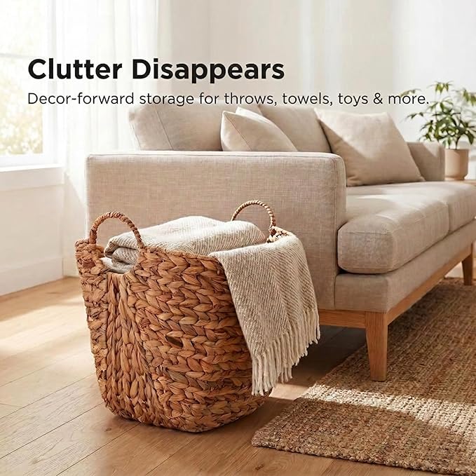 Household Essentials ML-4002 Tall Water Hyacinth Wicker Basket with Handles | Natural, Brown, Natural