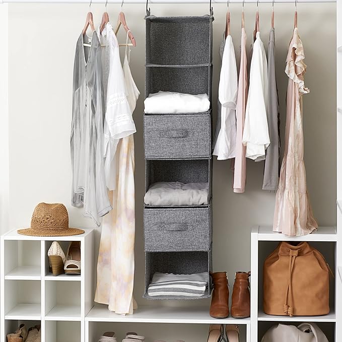 Household Essentials 6 Shelf Hanging Closet Organizer, Hanging Closet Shelf, Fabric Poly Linen and PEVA Shelving