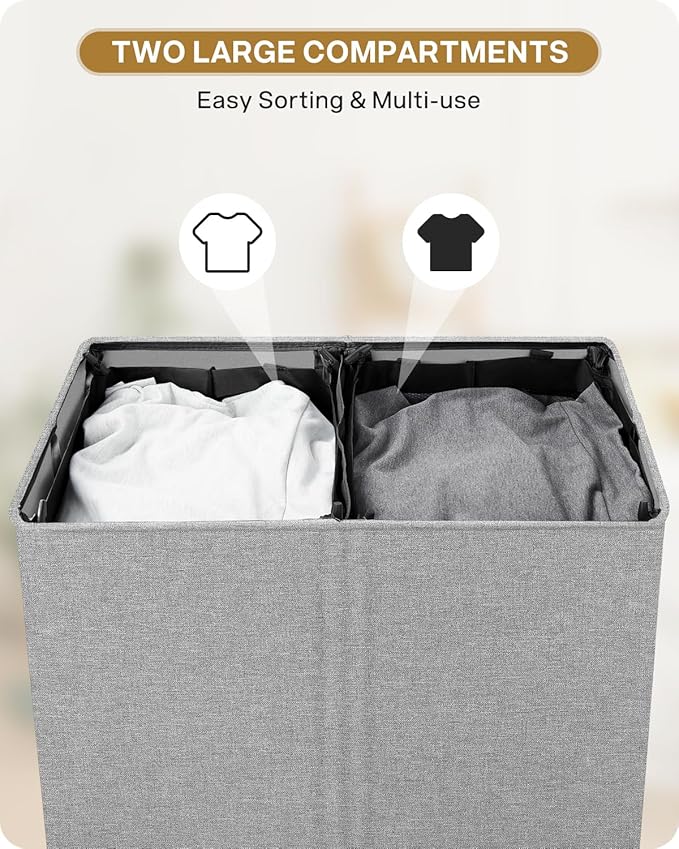 SOLEDI Double Laundry Hamper with Lid, 130L Clothes Hamper 2 Section, Laundry Basket with Removable bag, Bed room decor aesthetic, laundry room organization, Home and dorm room essentials