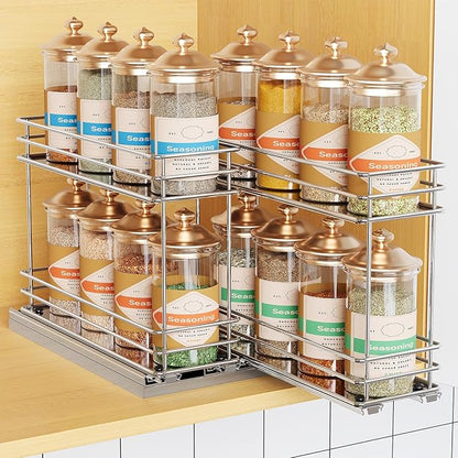 Mystozer Pull Out Spice Rack Organizer for Cabinet, Slide Out Spice Racks, Easy to Install, 7.08" Wx10.43 Dx8.26 H, 2 Drawers 2 Tiers(Silver)