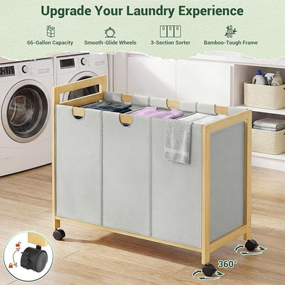 Homykic 250L Laundry Sorter Cart with Wheels, 3-Section Rolling Laundry Basket with Removable Bags, 66 Gal Large Laundry Hamper Organizer, Heavy Duty Bamboo Frame, Water-Resistant, Grey