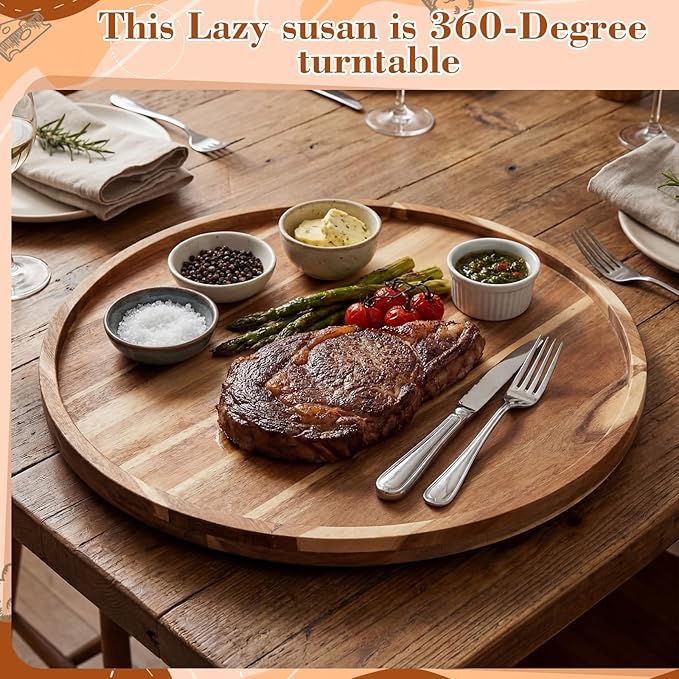 24'' Wood Lazy Susan for Countertop Acacia Large Turntable Rotating Serving Tray for Table Top Non Skid Kitchen Tray Revolving Condiment Spice Rack Table Organization Storage, Natural