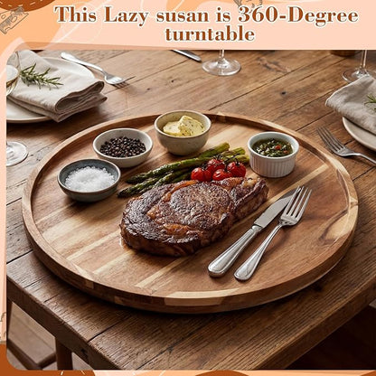 24'' Wood Lazy Susan for Countertop Acacia Large Turntable Rotating Serving Tray for Table Top Non Skid Kitchen Tray Revolving Condiment Spice Rack Table Organization Storage, Natural