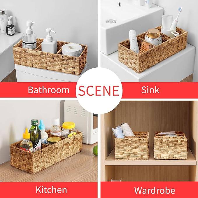 Toilet Tank Topper Paper Basket Multiuse Hand Woven Plastic Wicker Basket Bins with Divider for Shelves Rustic Farmhouse Bathroom Decor Countertop Light yellow
