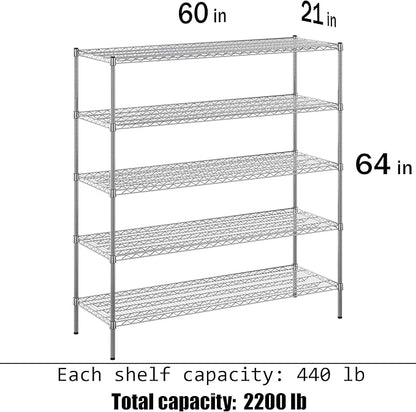 21" Deep x 60" Wide x 64" Height Wire Shelving Kit | 5-Tier | NSF Commercial Storage Rack Unit