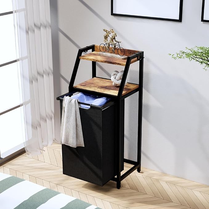 Timberer Laundry Hamper, Laundry Sorter, Rolling Laundry Basket with Wheels, 2 Shelves, 18 Gal(68L), Pull-Out and Removable Oxford Fabric Bags, for Laundry Room, Black and Rustic Brown