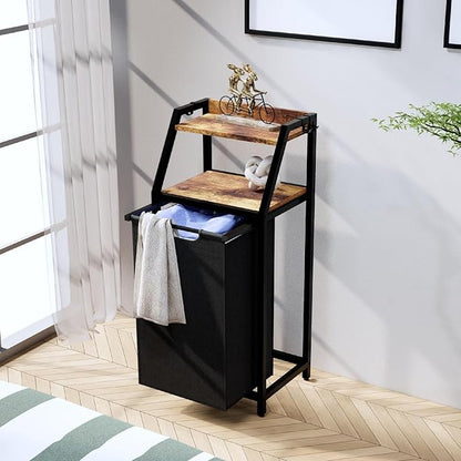 Timberer Laundry Hamper, Laundry Sorter, Rolling Laundry Basket with Wheels, 2 Shelves, 18 Gal(68L), Pull-Out and Removable Oxford Fabric Bags, for Laundry Room, Black and Rustic Brown