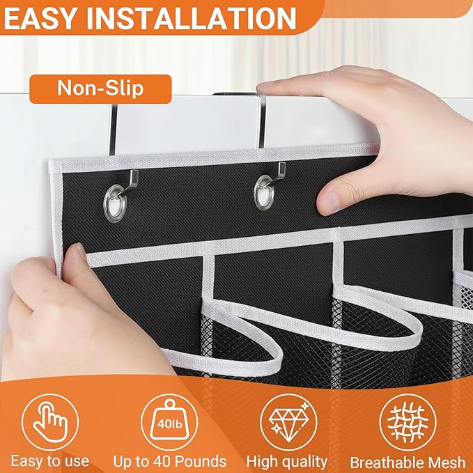 40-Pocket Over the Door Shoe Organizer - Large Mesh Pocket Hanging Shoe Organizer,Behind the Door Shoes Storage Holder Hanger (Black-W)