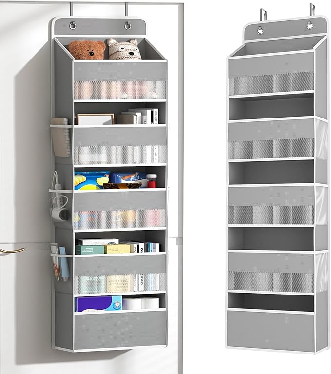 Kaitiemoo 1 Pack 5-Tier Over the Door Organizer, Heavy-Duty Large Deep Pocket Hanging With 5 Large Front & 6 Side Pockets With for Pantry, Kitchen, Bathroom, Dorm, Grey