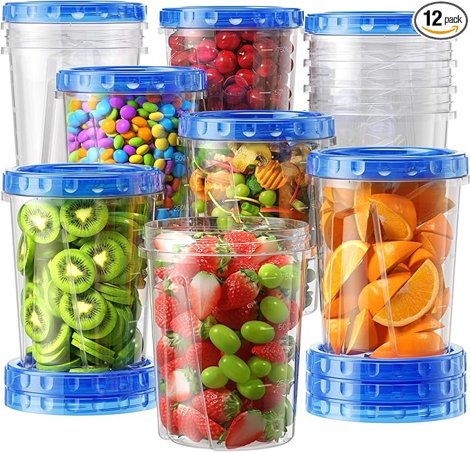 BiuLeon 12 Pack-34oz Freezer Storage Containers, Plastic Food Storage Containers with Twist Top Lids, BPA Free and Reusable Soup Containers with Lid, Microwave and Dishwasher Safe