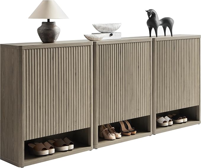 SICOTAS Shoe Cabinet 44 inch Tall Fluted Shoe Cabinet with Doors & 4 Shelves Wooden Large Hidden Shoe Storage Organizer Modern Free Standing 6-Tier Cabinet for Entryway Living Room Closet