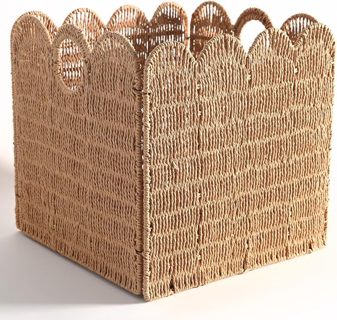 Scalloped Wicker Storage Cubes Basket, 12”x12“ Heavy Duty Paper rope/Hyacinth/Seagrass Baskets for Shelves, Foldable Natural Boho Square Bins (Paper Rope&12 x 12 x 12in&4-Pack)