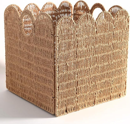 Scalloped Wicker Storage Cubes Basket, 12”x12“ Heavy Duty Paper rope/Hyacinth/Seagrass Baskets for Shelves, Foldable Natural Boho Square Bins (Paper Rope&12 x 12 x 12in&4-Pack)