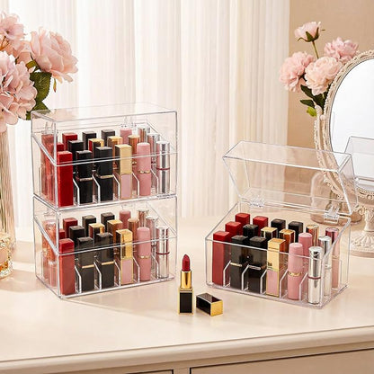 Foraineam 3 Pack Lipstick Holder Organizer with Lid, 18 Spaces Clear Acrylic Lipstick Display Stand Container, Dust-proof Beauty Makeup Storage Case for Cosmetic Dresser Vanity Cabinet Display
