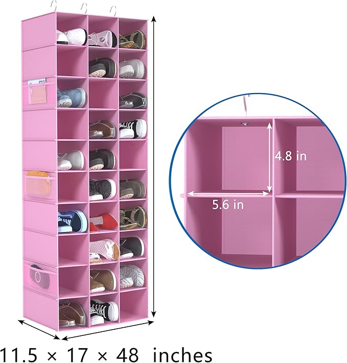 Libeder Hanging Closet Organizers 30 Section Shoe Shelves, Shoe Storage Hanging Shoe Rack, Space Saving Shoe Holder, Pink
