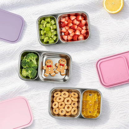 3 Pack Stainless Steel Snack Containers with Silicone Lids, 2-Compartment Snack Containers for Lunch, Office, Travel & Camping (Muted Lilac, Blush Pink, Dusty Rose)