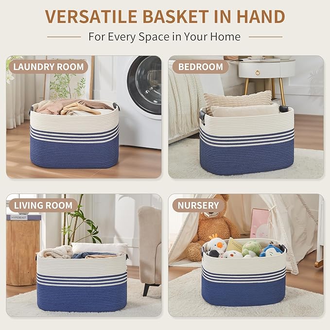 AINUOQI Laundry Basket with Handles - Blanket Basket & Hampers for Bedroom Aesthetic, Laundry Hamper & Blanket Storage for Living Room, Clothes Hamper, Tall, Large 21.7" x 16.9" x 11.8”, Blue