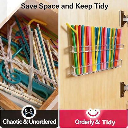9.8 inch double-layer removable and washable Large Acrylic Cabinet Straw Holder Organizer with Traceless Nano Adhesive – Space-Saving Storage Rack for Cabinet Door, Clear Straw Cabinet Holder