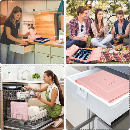 Silverware Organizer with Cover, Portable Cutlery Holder Flatware Tray with Lid Plastic Silverware Storage Box 5 Compartments for Kitchen Drawer (pink)