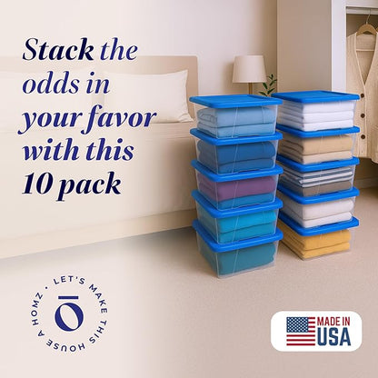 HOMZ 10-Pack Snaplock, Small Clear Plastic Storage Organizer Bins w/Lids, 6 Quart, Blue - Stackable Container Boxes for Bedroom, Bathroom, Garage, and Office Organization