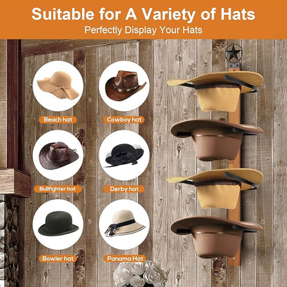 Cowboy Hat Rack, 4-Piece Western Hat Rack For Wall with Natural Wooden Board, Gift Cowboy Hat Holder for Wall Décor Keeps Original Shape of Hat