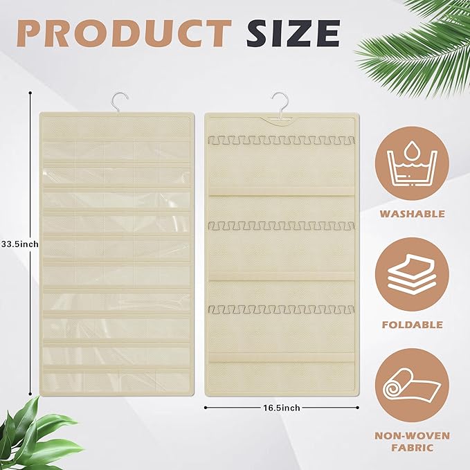 Hanging Jewelry Organizer Storage Roll, Double-Sided Necklaces Holder, 42 Pockets Plus 36 hooks Earrings Organizer Hang in Closet, On Wall, or Doors, Beige