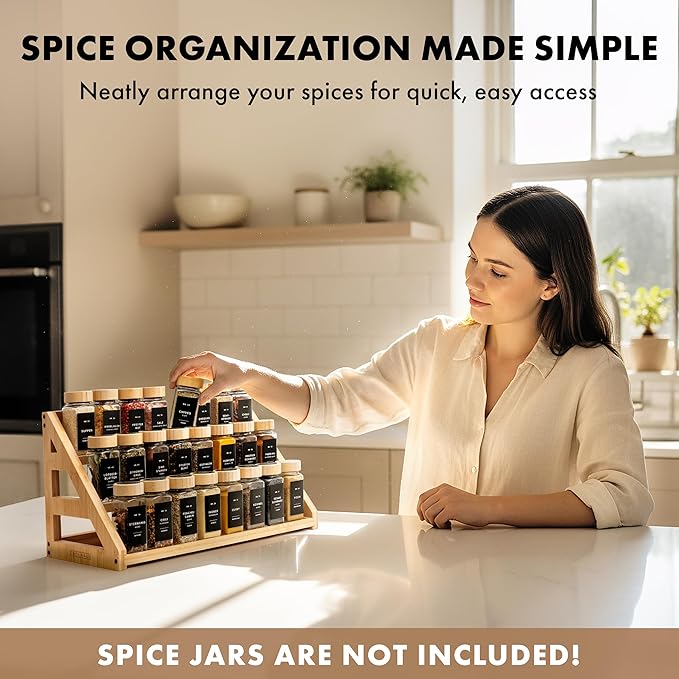 EDELHAUS 3 Tier Bamboo Spice Rack Organizer for Cabinet – Fits 24 Spice Jars, 17.5” Wide Countertop & Cabinet Organizer for Kitchen Organization, Seasoning Organizer Shelf (Jars Not Included)