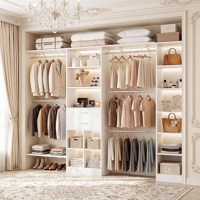 Besiost Closet System - 9.4FT/112" Closet Organizer System with Wooden Drawers,Closet Systems for Walk-In Closets with Hang Rods and Open Cabinet