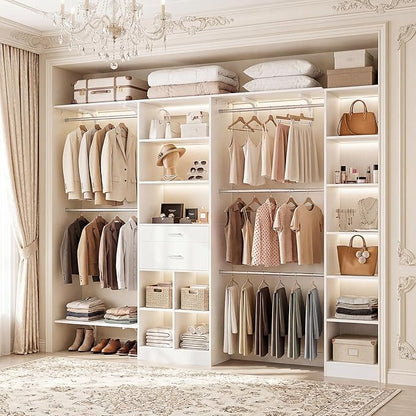Besiost Closet System - 9.4FT/112" Closet Organizer System with Wooden Drawers,Closet Systems for Walk-In Closets with Hang Rods and Open Cabinet