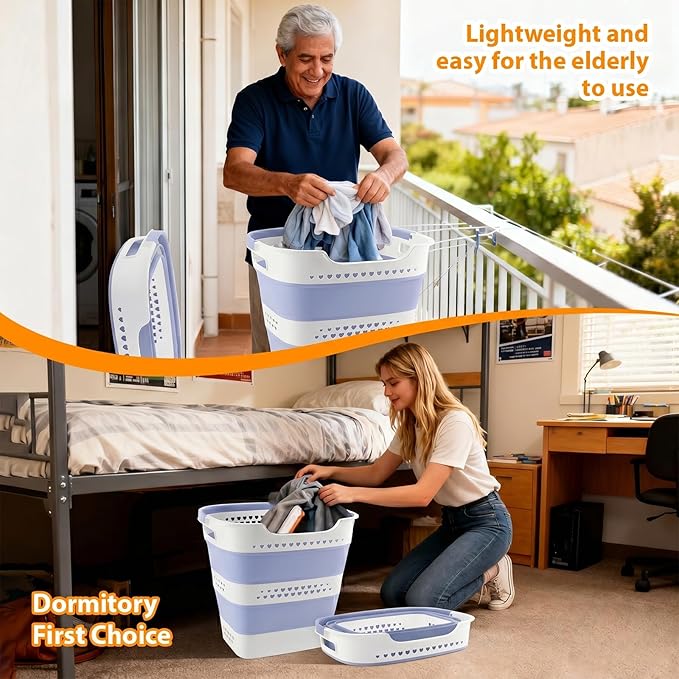 Collapsible Plastic Laundry Basket Hamper with Handles, Foldable Pop Up Storage Container Organizer for Washing Storage, Blue