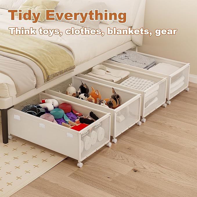 2 Pack Under the Bed Storage Containers,12 inch Height Under Bed Shoe Storage,31inch Long Underbed Storage with Wheels,Large Rolling under bed Clothes Storage Drawers with Lid for Dorm Tall,Ivory