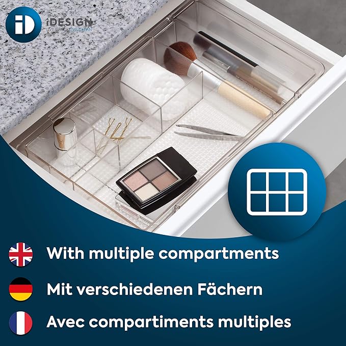 iDesign Expandable Vanity Drawer Organizer, The Clarity Collection – 11.25” to 18.5”, Clear (Pack of 6)