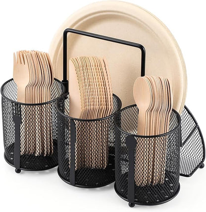 Utensil Caddy Silverware Holder for Party, Metal Mesh Cutlery Storage Organizer for Forks Spoons Napkins Plates, Perfect for Kitchen, Buffet, Picnic, Camping & Outdoor BBQ