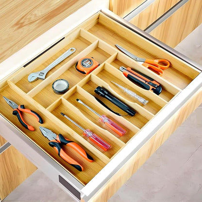 Expandable Drawer Organizer for Silverware Flatware Knives, Kitchen Utensil Organizer, Utensil Holder, Bamboo Wood Cutlery Tray in Drawer for Spoons Forks
