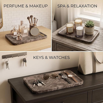Dark Grey Marble Vanity Tray for Bathroom Counter-12 X7 Decorative Tray for Perfume, Candles, Stone Jewelry Dish Tray