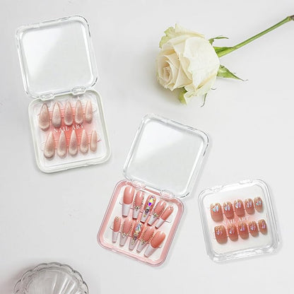 Qsnidy 9 Pcs Press On Nail Storage Box in 3 Colors, Acrylic Fake Nail Case with 9 Display Cards and 2 Sheets of Double-Sided Adhesive Tape (20 Strips) for Nail Art Home Salon Packaging Use