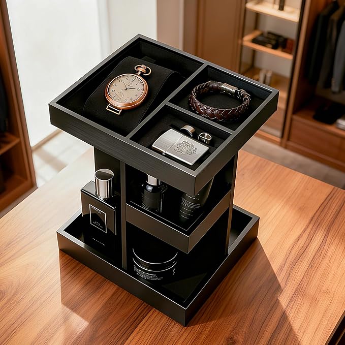 Rotating Cologne Organizer for Men, 3-Tier Large Capacity Wooden Perfume Stand with 360° Display, Desk & Dresser Organizer for Cologne, Watches & Accessories, Gift for Husband, Dad & Men (Black)