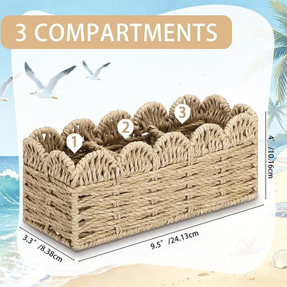 Scalloped Paper Rope Utensil Holder for Party Silverware Caddy 3 Compartment Utensil Basket Small Cutlery Holder for Party Kitchen Table Countertop Spoon Knives Fork Flatware Caddy Basket