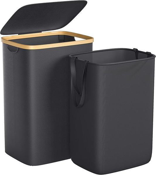 Foluck Large Laundry Hamper, 75L Waterproof Laundry Basket with Lid and Removable Bag, Collapsible Tall Clothes Hamper with Bamboo Handles for Clothes Toys in Dorm Bedroom Bathroom, Black