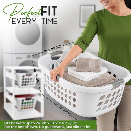 Laundry Basket Holder Shelf – Stackable Engineered Wood Laundry Tower with Wheels, Tiered Laundry Hamper Organizer for Bathroom, Bedroom, Closet (White, 2 Tier)
