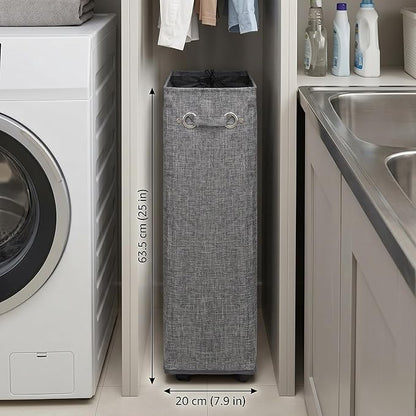 DOKEHOM 25-Inches Slim Laundry Basket on Wheels, Collapsible Rolling Laundry Hamper, Foldable Narrow Corner Clothes Storage Bins (Linen Grey)