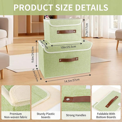 Large Storage Bin with Lid Storage Boxes,Collapsible Linen Storage Basket Container with Lid Storage Cube for Organizing Closets,3 Pack(Green)