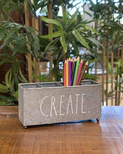 Rae Dunn Beauty Organizer - Four Sections for Cosmetic Storage - Galvanized Metal Container for Makeup Supplies, Personal Items, Jewelry - Modern Chic Design - Stylistic Décor for Bathroom Vanity