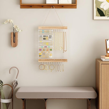 Feyejade Hanging Jewelry Organizer and Storage, 5-Tier White Earring Necklace Holder Jewelry Display Organizer Stand Rack, Wall Mounted for Earrings Necklaces Bracelets and Rings, White