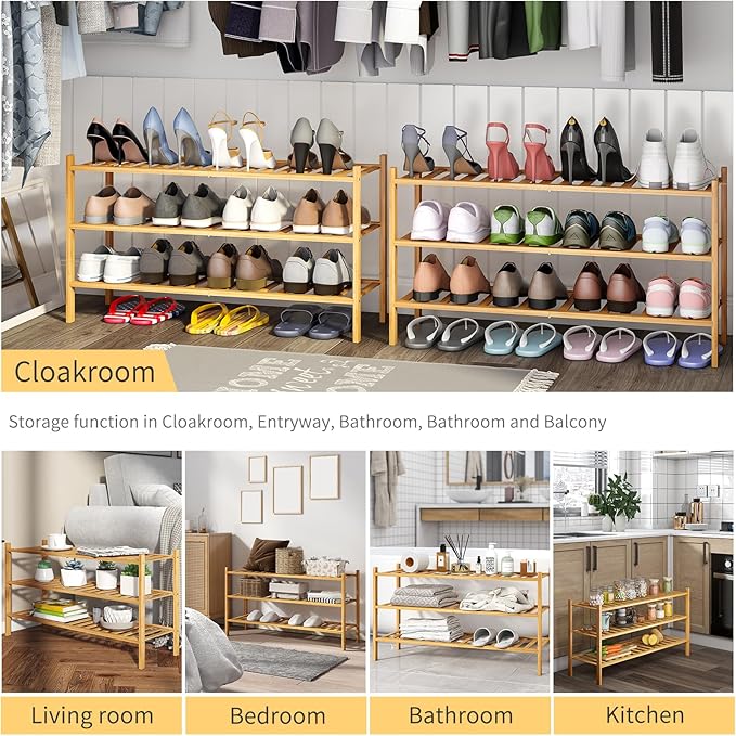 Long Shoe Rack, 3-Tier Bamboo Stackable Shoe Shelf Storage Organizer, Shoe Stand for Closet, Entryway and Hallway