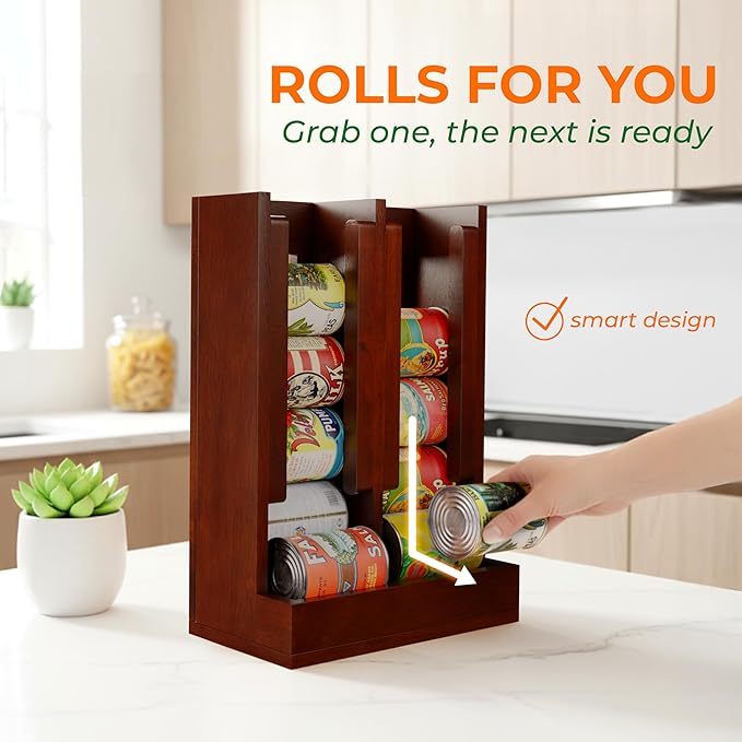 HOMESTEAD Wooden Can Organizer for Pantry, Solid Wood Canned Food Rack, Holds Standard 14.2 oz Cans, Space-Saving Kitchen Storage for Cabinets & Countertops (Brown)