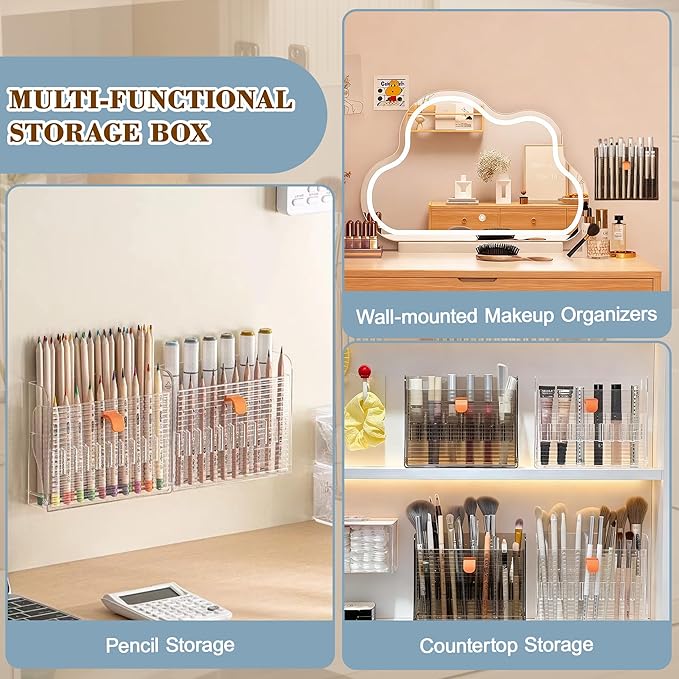 Wall-mounted Makeup Organizers, 16-Slot Eyeliner Lip Liner Organizer Holder, Makeup Organizer for Brush, Makeup Pencils, Concealer Pencil Display Case for Vanity Bathroom (Transparent White)